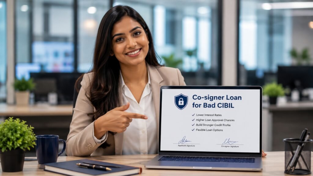 Beautiful Indian finance expert explaining Co-signer Loan for Bad CIBIL