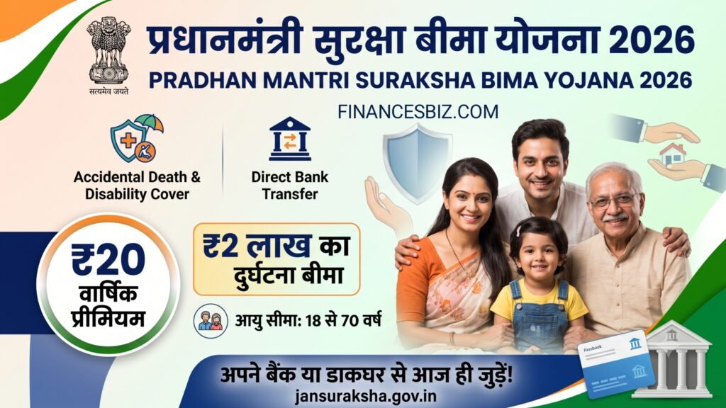 प्रधानमंत्री सुरक्षा बीमा योजना 2026 का आधिकारिक इन्फोग्राफिक बैनर, जिसमें खुशहाल भारतीय परिवार के साथ ₹20 वार्षिक प्रीमियम और ₹2 लाख दुर्घटना बीमा कवर की जानकारी दिखाई गई है।